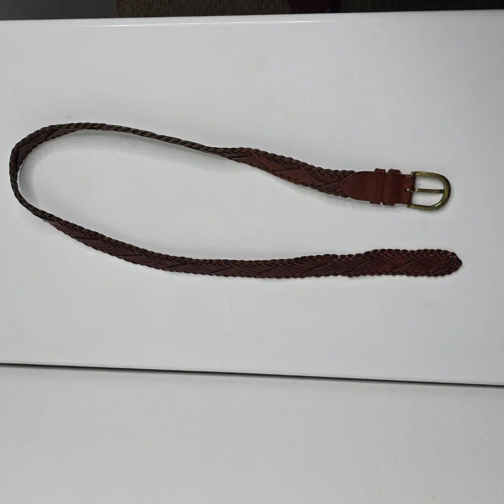 Fossil Braided Genuine Leather Women's Belt L‎ 38 Double Keeper Brown BT7901